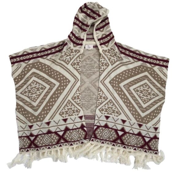 Womens Beige Aztec Bohemian Western Sweater Cardigan Fall Hooded Poncho / S/M - Picture 6 of 8